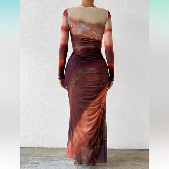 2025 Long Sleeve Maxi Dress‎ Bodycon Ruched Natural Slim Fit TieDye Dress M - Picture 4 of 6